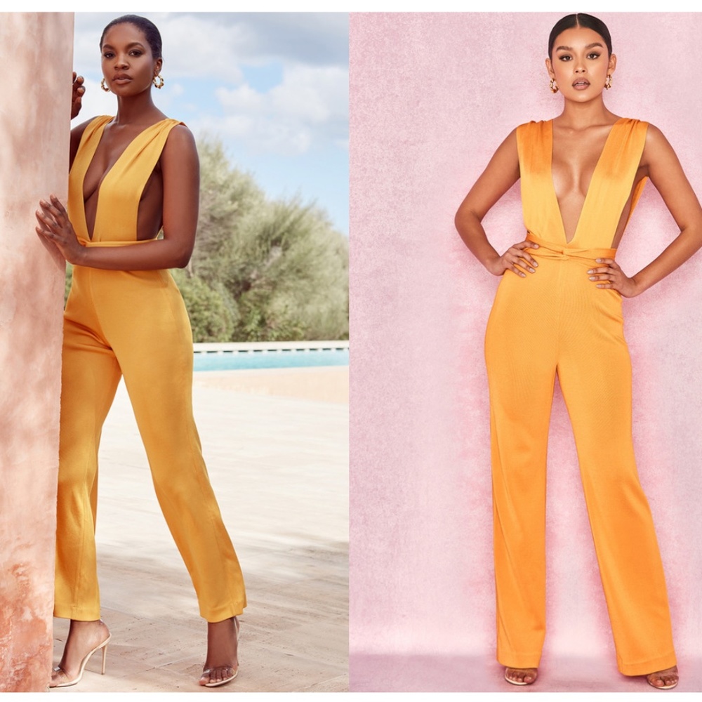 House Of CB, 'Benedetta' Tangerine Bandage Plunge Neck Jumpsuit, Size S